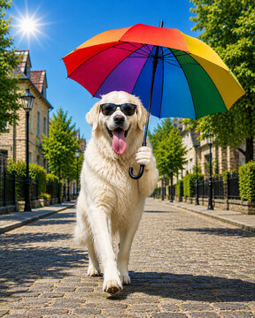 Hund mit Sonnenbrille und Sonnenschirm