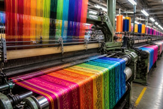 Colorful fabric woven on industrial loom in textile mill