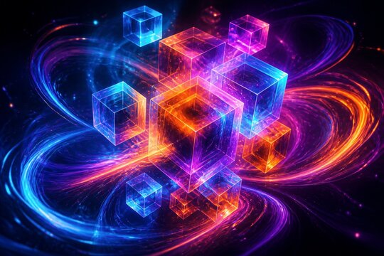 Glowing neon cubes rotating in abstract digital space