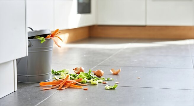 Overflowing kitchen compost bin with vegetable scraps on the floor. Scattered carrot peels and lettuce leaves on grey tiled kitchen floor. Messy kitchen cleanup concept