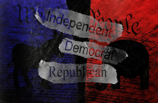 Independent Republican and Democrat news headlines on US Constitution background and political party division