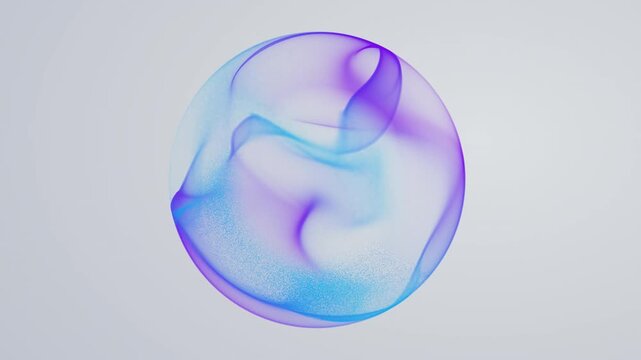 Blue and violet gradient sphere with fluid smoke waves on light background. Translucent 3D orb of shimmering particle texture and soft flowing curves. energy core, digital ball, seamless 4K loop.