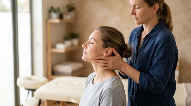A professional chiropractor performs a neck adjustment on a female patient in a clinic. This image is perfect for medical, wellness, and physical therapy promotions.