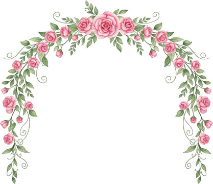 Decorative archway frame adorned with delicate pink roses and lush green foliage creating an elegant floral garland design floral arch green leaves decorative frame elegant design