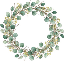Fototapeta premium Delicate watercolor wreath crafted from green eucalyptus leaves and small yellow flower buds arranged on thin brown branches forming a circular design eucalyptus wreath watercolor eucalyptus