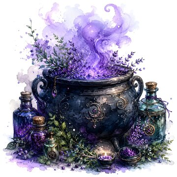Witch's cauldron bubbling with purple potion surrounded by herbs and potions