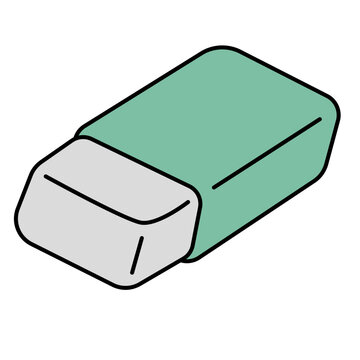 Green rectangular eraser for removing pencil marks, retro stationery item vector icon.