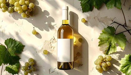 Obraz premium Elegant white wine bottle with blank label surrounded by fresh green grapes and leaves on a textured surface, sunlight casting shadows, product display