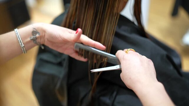 Hairdresser cutting long brown hair with scissors