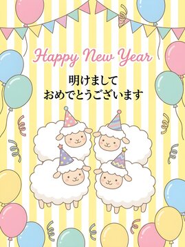 Cute cartoon sheep wearing party hats celebrate New Year with balloons and bunting on a striped background, a festive greeting card illustration.