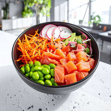 Enjoy a fresh, vibrant salmon poke bowl filled with edamame, carrots, and avocado, evoking a feeling of healthy energy. Shot on a clean table in a bright modern cafe. Nobody.