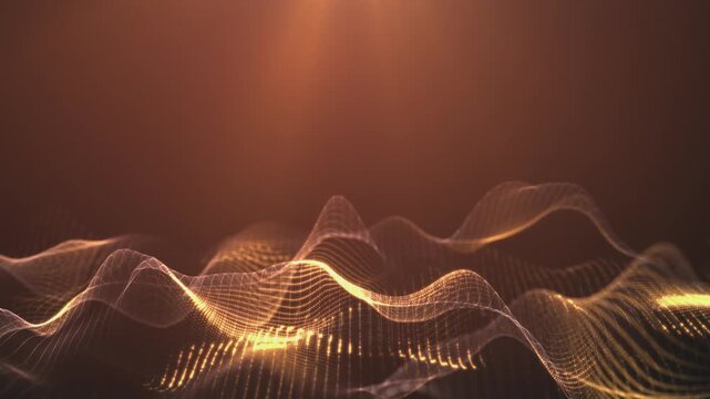 Orange wave space. Golden waves of luxury. Premium orange background with rolling amber terrain and glowing particle grid, cinematic warm gradient, VJ background.