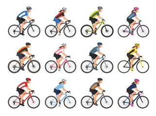 Fototapeta premium Twelve colorful illustrations of diverse cyclists riding racing bikes on a clean white background.