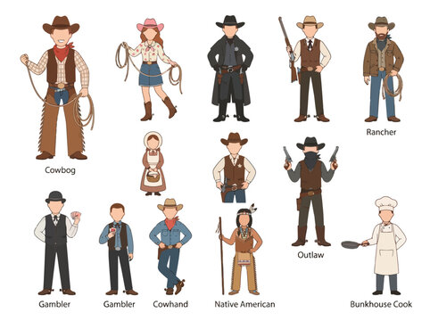 Cartoon illustrations of various Western characters including cowboys outlaws and native americans.