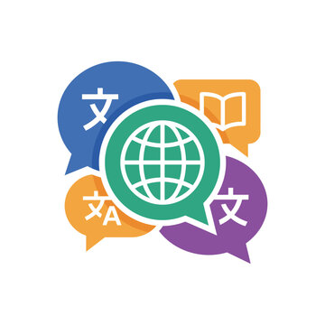 Global language translation icon with speech bubbles and globe.