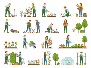 Fototapeta premium A collection of gardeners engaging in various gardening activities and tasks.