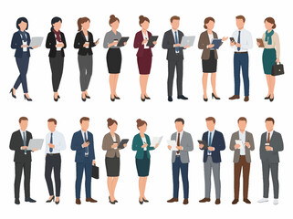 Fototapeta premium A collection of diverse office workers and professionals in business attire standing with digital devices and documents.