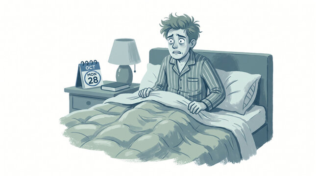 Anxious Man Waking Up In Bed On Monday Morning