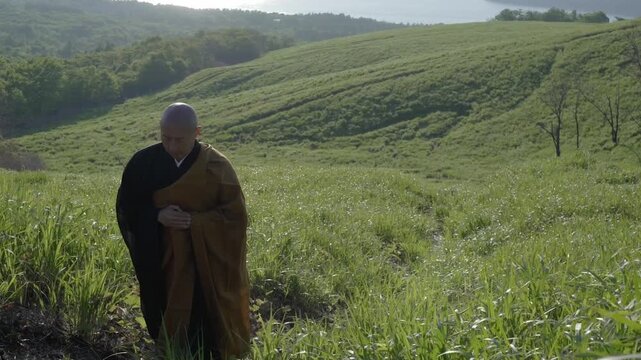 Solitary Japanese monk walking on a path through a peaceful green landscape by the sea