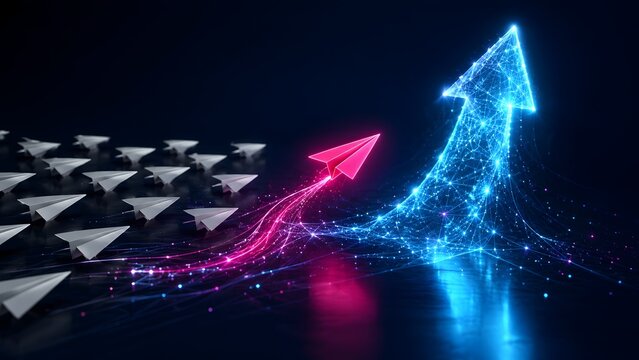 Vibrant neon red paper plane leading white flock morphing into bright blue digital network arrow business leadership concept