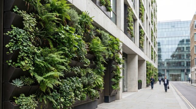 A modern building showcases an impressive vertical green wall. This design promotes urban sustainability, biophilic architecture, and eco-friendly city living projects.
