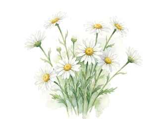 Fototapeta premium Beautiful hand painted watercolor floral illustration featuring a delicate bouquet of white daisy flowers on white