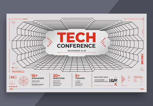 Futuristic Tech Conference Banner Template with Wireframe Grid