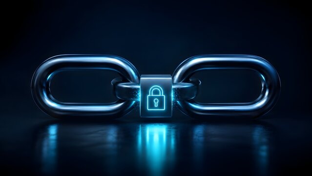 Metallic chain link locked with glowing blue digital padlock for strong cybersecurity network protection concept