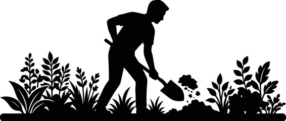 Gardener Digging Soil with Shovel Silhouette © sufyan