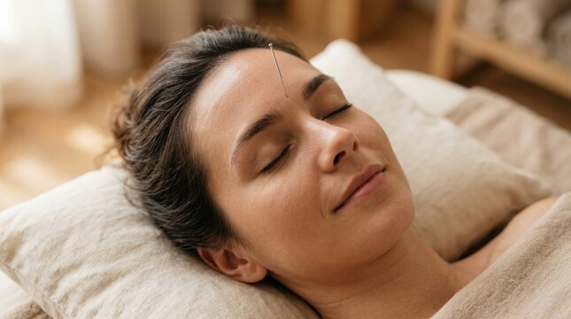 A serene woman lies with her eyes closed, receiving acupuncture treatment on her forehead. This image is perfect for showcasing holistic wellness, alternative medicine, and stress relief practices.