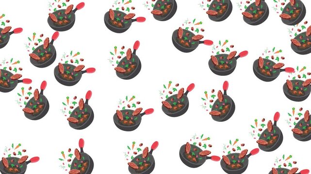 Cast iron skillet patterns with colorful cooked food, perfect for food blogs, cooking magazines, and recipe book cover designs.