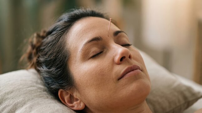 A tranquil woman with closed eyes receives acupuncture on her forehead, finding deep relaxation. This image suits wellness campaigns, holistic health articles, and therapy advertisements.