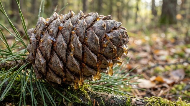 A pine cone with natural golden resin drips sits on a mossy branch. Perfect for sustainable branding, natural remedies, or environmental awareness campaigns.