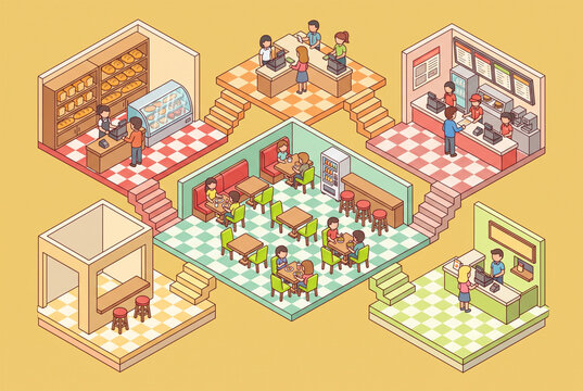 Food Court Dining Area Concept with Multiple Service Sections and Colorful Layout