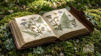 A vintage botanical herbarium book with pressed plants rests open on a vibrant mossy forest floor. Ideal for projects on nature study, history, and sustainable discovery.