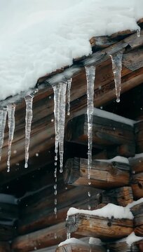 Detailed 4K winter cabin b roll showing a row of massive razor sharp icicles hanging from the roof edge of a rustic log chalet during an intense peaceful mountain snowfall capturing the cold season