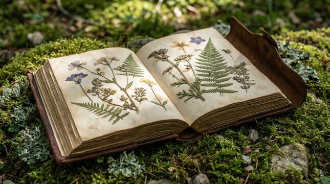 A vintage botanical herbarium book with pressed plants rests open on a vibrant mossy forest floor. Ideal for projects on nature study, history, and sustainable discovery.