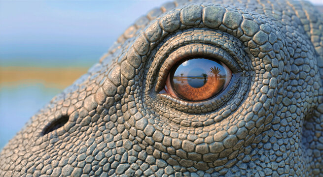 Extreme close-up of a gentle sauropod dinosaur eye. Macro texture of gray-green scales reflecting a prehistoric wetland landscape