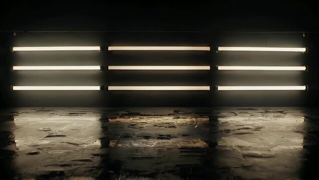 Industrial minimalist looping background showing linear neon white bulbs blinking sequentially and casting long reflections across a polished dark concrete warehouse floor