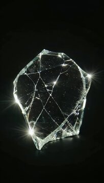 High contrast abstract footage tracking shimmering light reflections crawling across jagged fractures of a broken windshield pane isolated on deep black