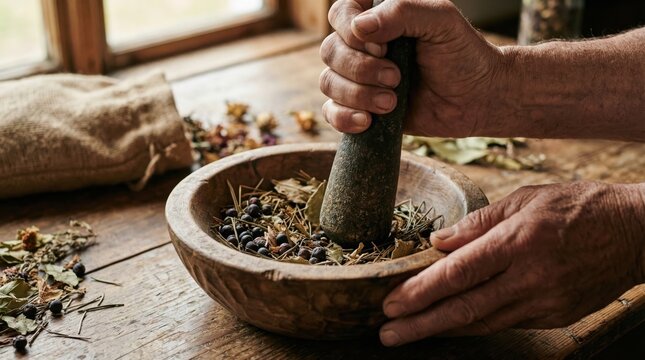Elderly hands meticulously grind dried herbs and berries in a rustic wooden mortar. This image perfectly conveys natural wellness, traditional remedies, and sustainable health practices.