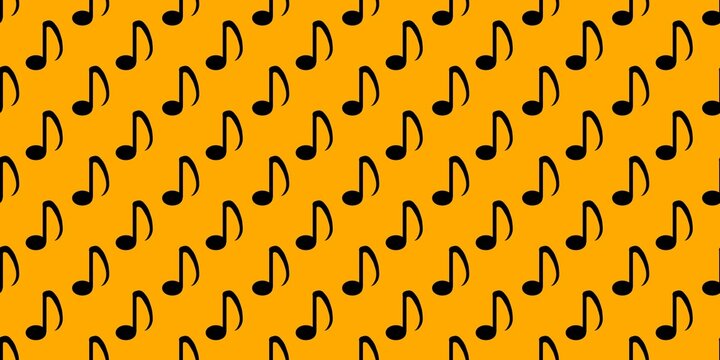 Seamless pattern of black musical notes on a bright orange background.