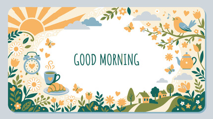 Fototapeta premium Good morning card with breakfast and sunrise illustrations.