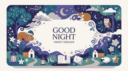 Fototapeta premium Good night card featuring nocturnal animals and stars.