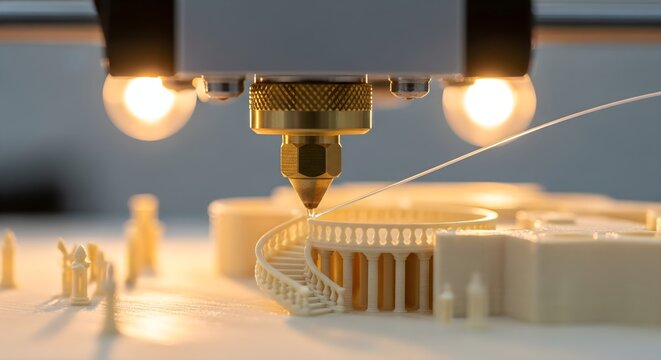 Precision 3D Printer Nozzle Creating Detailed Architectural Miniature Model with Spiral Staircase