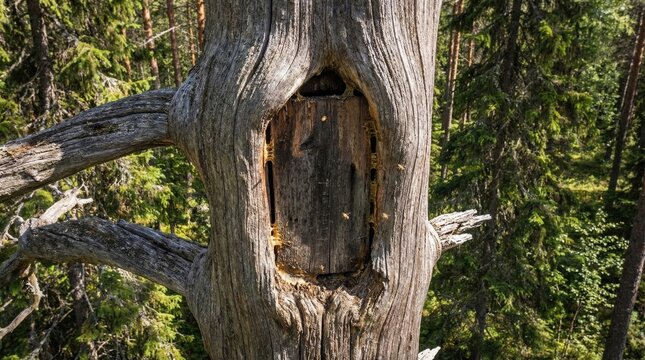 A wild beehive is seen within a hollow tree trunk in a lush forest. Ideal for sustainability, ecology, and natural honey themes.