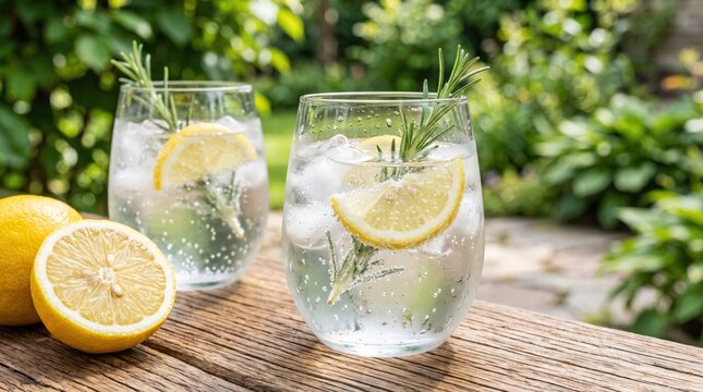 Refreshing gin tonic cocktails, garnished with lemon and rosemary, sit on a rustic wooden table. This vibrant scene evokes summer relaxation, ideal for beverage advertising or lifestyle projects.