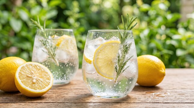 Two sparkling gin tonic cocktails are garnished with lemon and fresh rosemary. Perfect for vibrant summer advertising, healthy lifestyle content, or refreshing beverage menu designs.