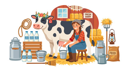 Farm Girl Milking Cow with Dairy Products and Hay
