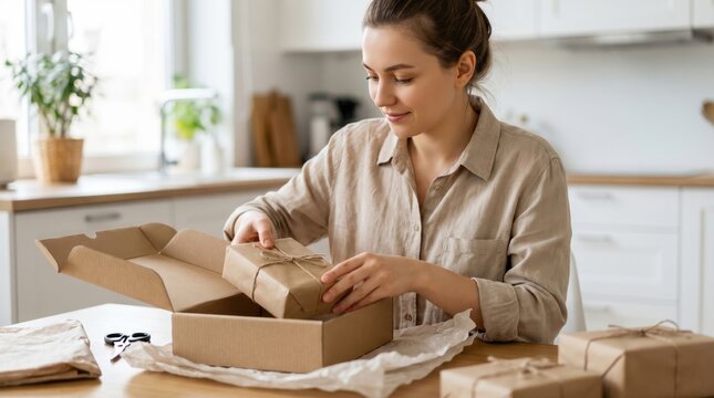A smiling young woman carefully places an eco-friendly wrapped gift into a shipping box. This image highlights sustainable packaging, online shopping, and mindful gifting trends.